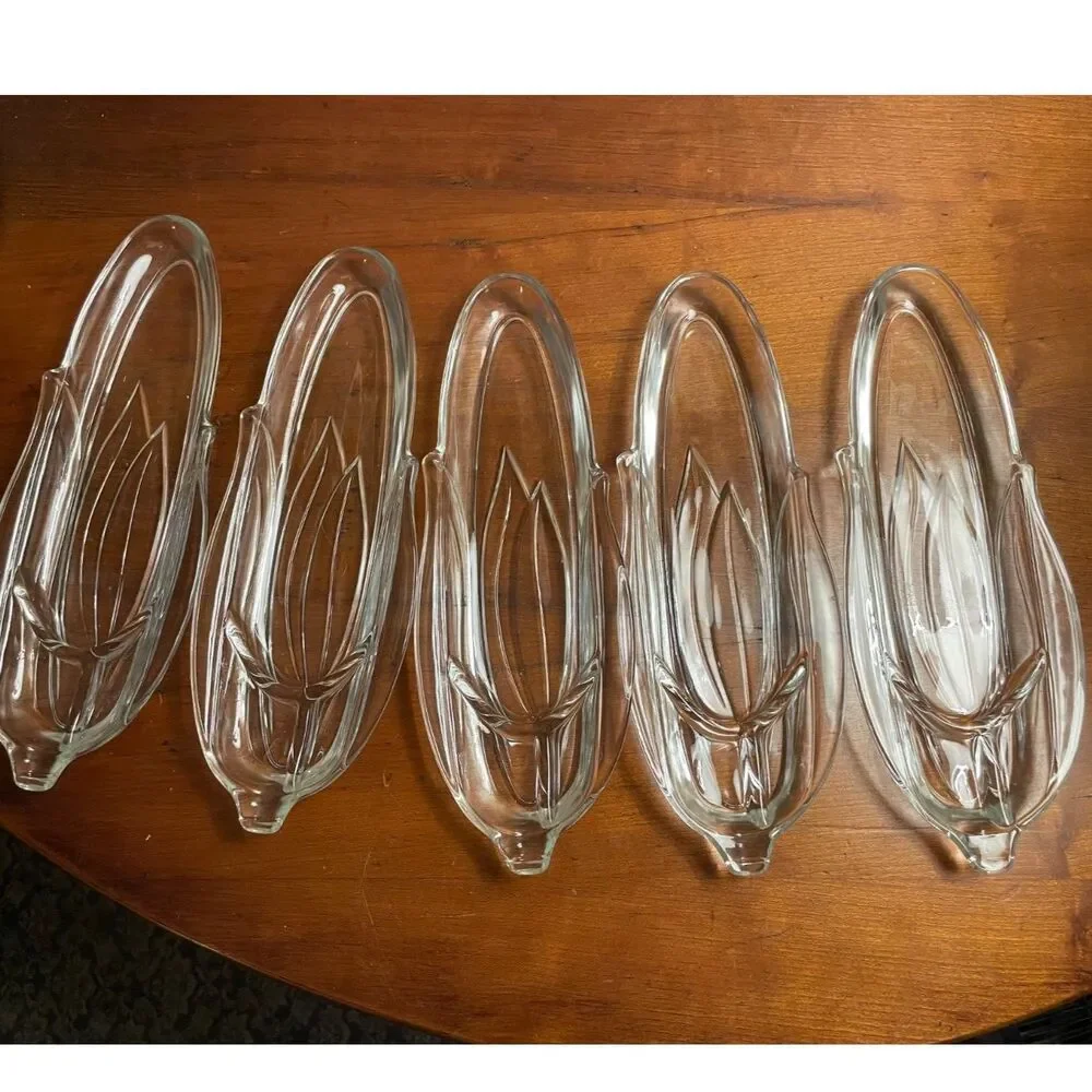 Clear pressed heavy glass corn on the cob dish holders